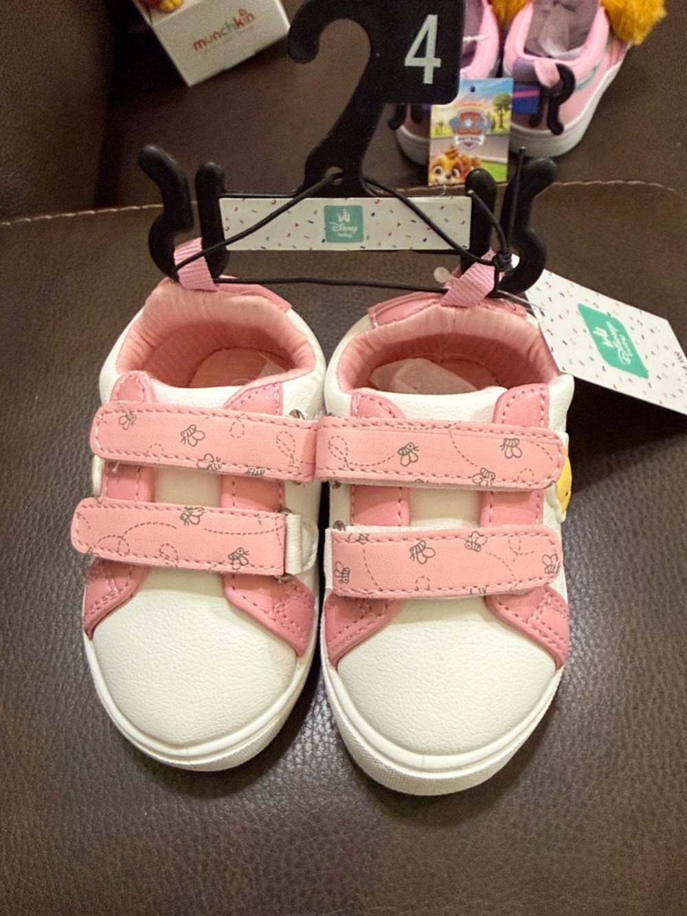Disney Pooh Pink and White Girls Velcro Sneakers with Bee Print